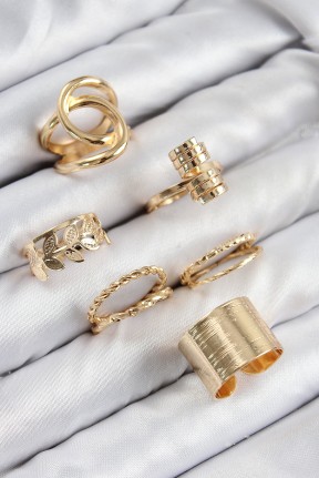 Pirinç Yaprak Model Gold Renk Kadın Yüzük Kombin Set Pirinç Yaprak Model Gold Renk Kadın Yüzük Kombin Set