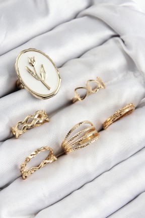 Pirinç Zirkon Taşlı Lale Model Gold Renk Kadın Yüzük Kombin Set Pirinç Zirkon Taşlı Lale Model Gold Renk Kadın Yüzük Kombin Set