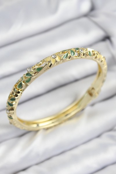 Mineli Pirinç Zirkon Taşlı Yeşil Sarı çiçek Motifli Gold Kadın Kelepçe