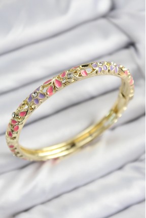 Mineli Pirinç Zirkon Taşlı Pembe Mor çiçek Motifli Gold Kadın Kelepçe Mineli Pirinç Zirkon Taşlı Pembe Mor çiçek Motifli Gold Kadın Kelepçe