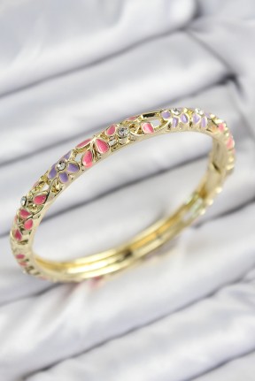 Mineli Pirinç Zirkon Taşlı Pembe Mor çiçek Motifli Gold Kadın Kelepçe Mineli Pirinç Zirkon Taşlı Pembe Mor çiçek Motifli Gold Kadın Kelepçe