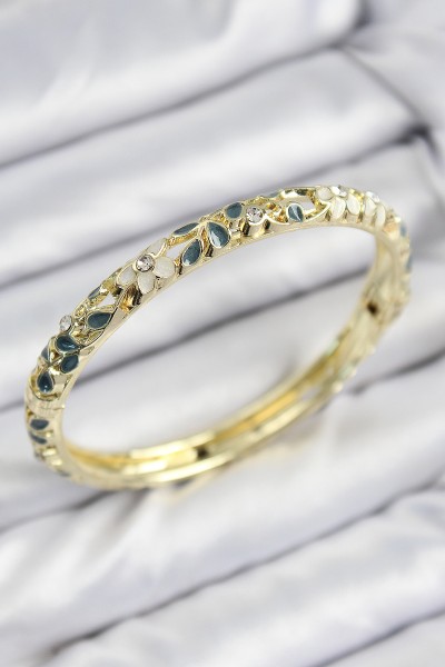 Mineli Pirinç Zirkon Taşlı Yeşil Krem çiçek Motifli Gold Kadın Kelepçe