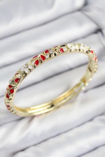 Mineli Pirinç Zirkon Taşlı Kırmızı çiçek Motifli Gold Kadın Kelepçe