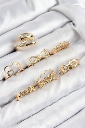 Pirinç Zirkon Taşlı Fiyonk Ve Kalp Model Gold Renk Kadın Yüzük Kombin Set Pirinç Zirkon Taşlı Fiyonk Ve Kalp Model Gold Renk Kadın Yüzük Kombin Set