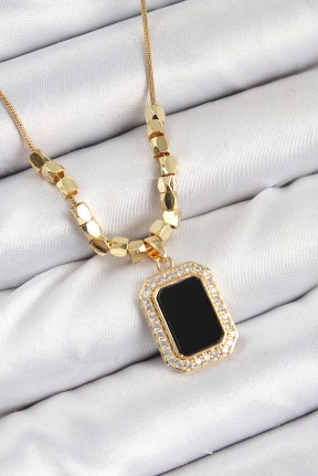 316l çelik Zirkon Taşlı Siyah Baget Model Gold Renk Kadın Kolye 316l çelik Zirkon Taşlı Siyah Baget Model Gold Renk Kadın Kolye