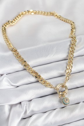 Pirinç Zirkon Taşlı Nazar Boncuk Detaylı Klasik Zincir Model Gold Renk Kadın Kolye