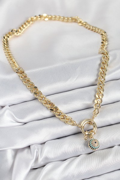 Pirinç Zirkon Taşlı Nazar Boncuk Detaylı Klasik Zincir Model Gold Renk Kadın Kolye Pirinç Zirkon Taşlı Nazar Boncuk Detaylı Klasik Zincir Model Gold Renk Kadın Kolye