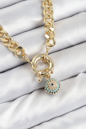 Pirinç Zirkon Taşlı Nazar Boncuk Detaylı Klasik Zincir Model Gold Renk Kadın Kolye