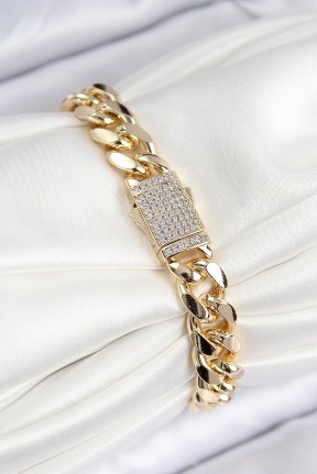 Vip Pirinç Zirkon Taşlı Cuba Model Gold Renk Kadın Bileklik Vip Pirinç Zirkon Taşlı Cuba Model Gold Renk Kadın Bileklik