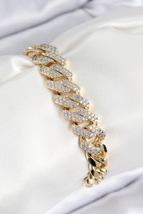 Vip Pirinç Zirkon Taşlı Cuba Model Gold Renk Kadın Bileklik Vip Pirinç Zirkon Taşlı Cuba Model Gold Renk Kadın Bileklik