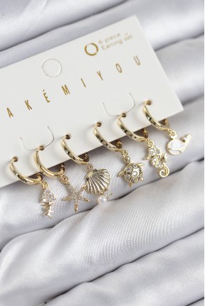 Pirinç Zirkon Taşlı İstiridye Balina Ve Yıldız Gold Renk 6'lı Küpe Set Pirinç Zirkon Taşlı İstiridye Balina Ve Yıldız Gold Renk 6'lı Küpe Set