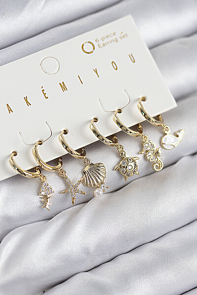 Pirinç Zirkon Taşlı İstiridye Balina Ve Yıldız Gold Renk 6'lı Küpe Set Pirinç Zirkon Taşlı İstiridye Balina Ve Yıldız Gold Renk 6'lı Küpe Set