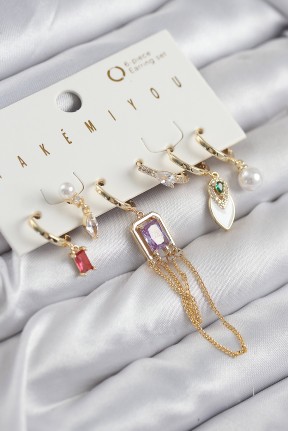 Pirinç Zirkon Taşlı Sallantılı Ve İncili Gold Renk 6'lı Küpe Set Pirinç Zirkon Taşlı Sallantılı Ve İncili Gold Renk 6'lı Küpe Set
