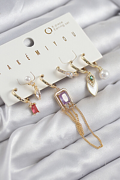 Pirinç Zirkon Taşlı Sallantılı Ve İncili Gold Renk 6'lı Küpe Set Pirinç Zirkon Taşlı Sallantılı Ve İncili Gold Renk 6'lı Küpe Set