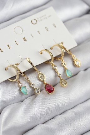 Pirinç Zirkon Taşlı Sallantılı Model Gold Renk 6'lı Küpe Set Pirinç Zirkon Taşlı Sallantılı Model Gold Renk 6'lı Küpe Set