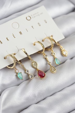 Pirinç Zirkon Taşlı Sallantılı Model Gold Renk 6'lı Küpe Set Pirinç Zirkon Taşlı Sallantılı Model Gold Renk 6'lı Küpe Set