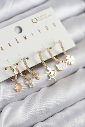 Pirinç Zirkon Taşlı Hello Kity Ve Yonca Model Gold Renk 6'lı Küpe Set Pirinç Zirkon Taşlı Hello Kity Ve Yonca Model Gold Renk 6'lı Küpe Set