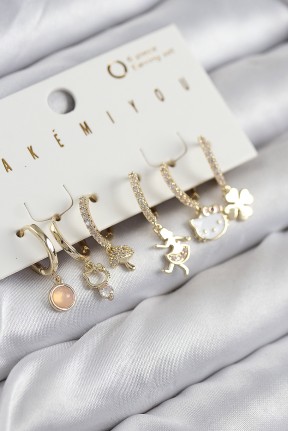 Pirinç Zirkon Taşlı Hello Kity Ve Yonca Model Gold Renk 6'lı Küpe Set Pirinç Zirkon Taşlı Hello Kity Ve Yonca Model Gold Renk 6'lı Küpe Set