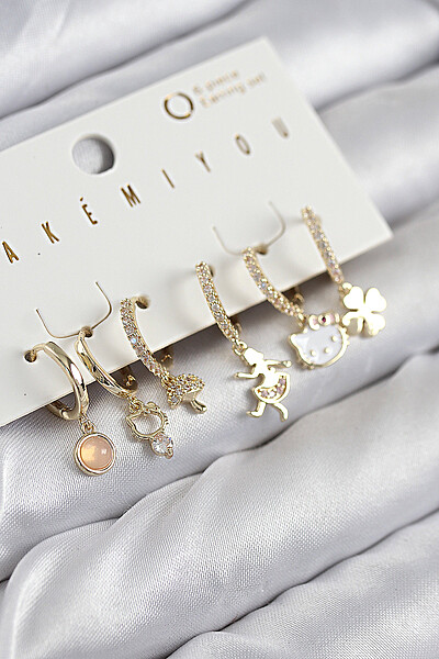 Pirinç Zirkon Taşlı Hello Kity Ve Yonca Model Gold Renk 6'lı Küpe Set Pirinç Zirkon Taşlı Hello Kity Ve Yonca Model Gold Renk 6'lı Küpe Set