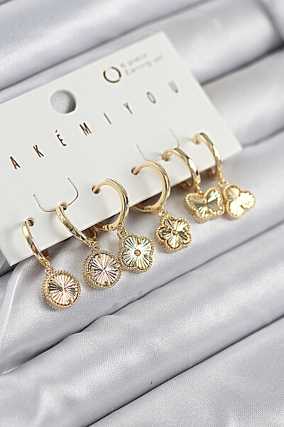 Pirinç Zirkon Taşlı Yonca Model Gold Renk 6'lı Küpe Set Pirinç Zirkon Taşlı Yonca Model Gold Renk 6'lı Küpe Set