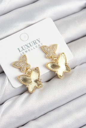 Pirinç Zirkon Taşlı Kelebek Model Gold Renk Kadın Küpe Pirinç Zirkon Taşlı Kelebek Model Gold Renk Kadın Küpe