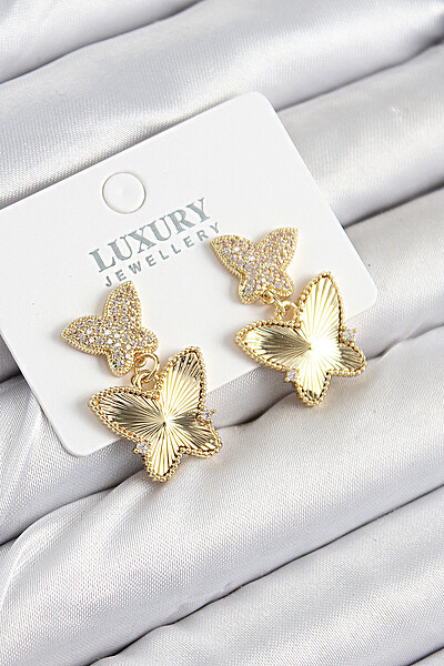 Pirinç Zirkon Taşlı Kelebek Model Gold Renk Kadın Küpe Pirinç Zirkon Taşlı Kelebek Model Gold Renk Kadın Küpe