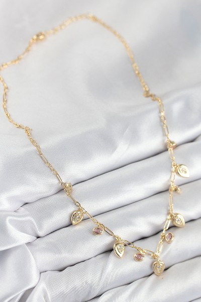 Pirinç Zirkon Taşlı Sallantılı Damla Model Gold Renk Kadın Kolye Pirinç Zirkon Taşlı Sallantılı Damla Model Gold Renk Kadın Kolye