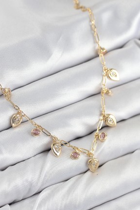 Pirinç Zirkon Taşlı Sallantılı Damla Model Gold Renk Kadın Kolye Pirinç Zirkon Taşlı Sallantılı Damla Model Gold Renk Kadın Kolye
