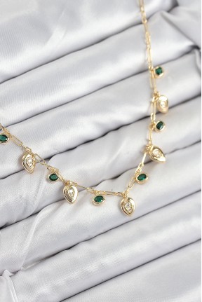 Pirinç Zirkon Taşlı Sallantılı Damla Model Gold Renk Kadın Kolye