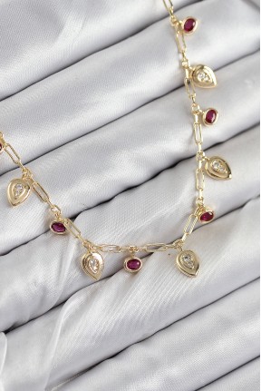 Pirinç Zirkon Taşlı Sallantılı Damla Model Gold Renk Kadın Kolye Pirinç Zirkon Taşlı Sallantılı Damla Model Gold Renk Kadın Kolye