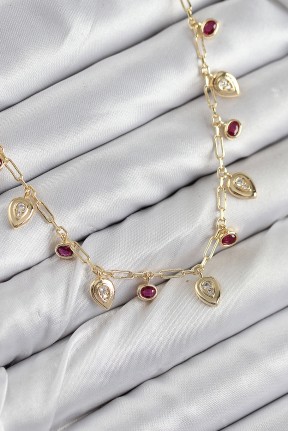 Pirinç Zirkon Taşlı Sallantılı Damla Model Gold Renk Kadın Kolye Pirinç Zirkon Taşlı Sallantılı Damla Model Gold Renk Kadın Kolye