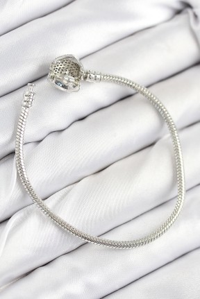 Pirinç Charm Zirkon Taşlı Kalp Model Gümüş Renk Kadın Bileklik