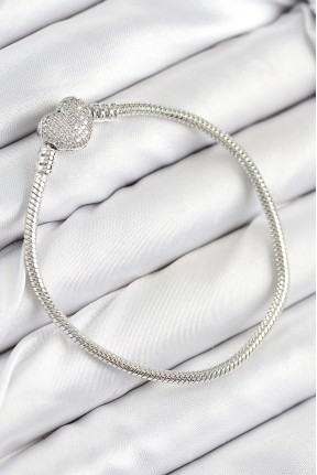 Pirinç Charm Zirkon Taşlı Kalp Model Gümüş Renk Kadın Bileklik