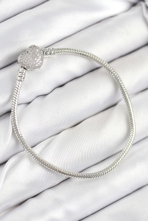 Pirinç Charm Zirkon Taşlı Kalp Model Gümüş Renk Kadın Bileklik