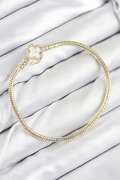 Pirinç Charm Zirkon Taşlı Yonca Model Gold Renk Kadın Bileklik Pirinç Charm Zirkon Taşlı Yonca Model Gold Renk Kadın Bileklik