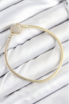 Pirinç Charm Zirkon Taşlı Kalp Model Gold Renk Kadın Bileklik