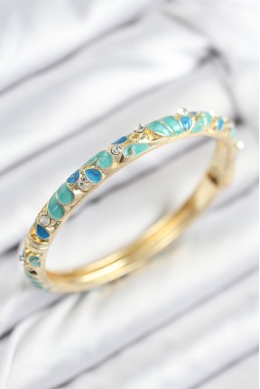 Mineli Pirinç Zirkon Taşlı Turkuaz Mavi çiçek Motifli Gold Kadın Kelepçe