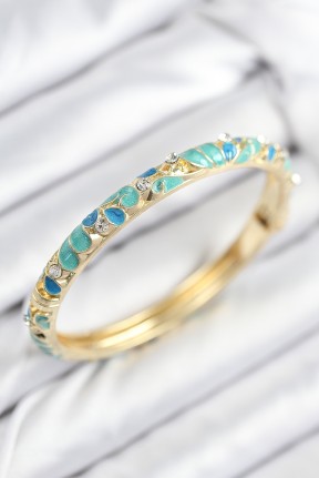 Mineli Pirinç Zirkon Taşlı Turkuaz Mavi çiçek Motifli Gold Kadın Kelepçe Mineli Pirinç Zirkon Taşlı Turkuaz Mavi çiçek Motifli Gold Kadın Kelepçe