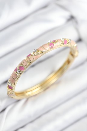 Mineli Pirinç Zirkon Taşlı Pembe çiçek Motifli Gold Kadın Kelepçe Mineli Pirinç Zirkon Taşlı Pembe çiçek Motifli Gold Kadın Kelepçe