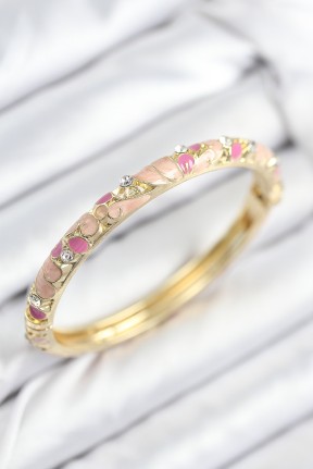 Mineli Pirinç Zirkon Taşlı Pembe çiçek Motifli Gold Kadın Kelepçe Mineli Pirinç Zirkon Taşlı Pembe çiçek Motifli Gold Kadın Kelepçe