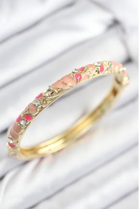 Mineli Pirinç Zirkon Taşlı Pembe çiçek Motifli Gold Kadın Kelepçe Mineli Pirinç Zirkon Taşlı Pembe çiçek Motifli Gold Kadın Kelepçe
