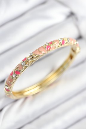 Mineli Pirinç Zirkon Taşlı Pembe çiçek Motifli Gold Kadın Kelepçe Mineli Pirinç Zirkon Taşlı Pembe çiçek Motifli Gold Kadın Kelepçe