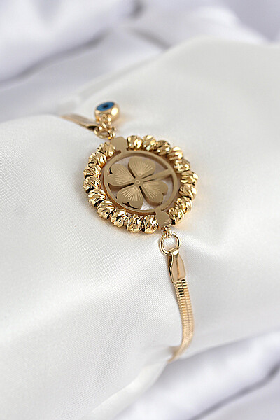 316l çelik Nazar Boncuk Detaylı Yonca Model İtalyan Zincir Gold Renk Kadın Bileklik 316l çelik Nazar Boncuk Detaylı Yonca Model İtalyan Zincir Gold Renk Kadın Bileklik