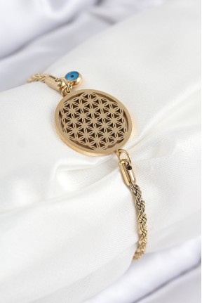 316l çelik Nazar Boncuğu Detaylı Yaşam çiçeği Model Gold Renk Kadın Bileklik 316l çelik Nazar Boncuğu Detaylı Yaşam çiçeği Model Gold Renk Kadın Bileklik