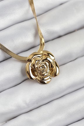 316l çelik Gül Figürlü İtalyan Zincir Model Gold Renk Kadın Kolye
