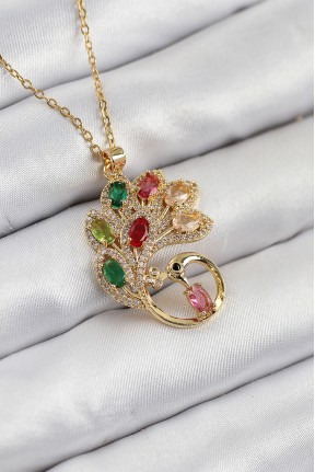 316l çelik Zirkon Taşlı Tavus Kuşu Model Gold Renk Kadın Kolye 316l çelik Zirkon Taşlı Tavus Kuşu Model Gold Renk Kadın Kolye