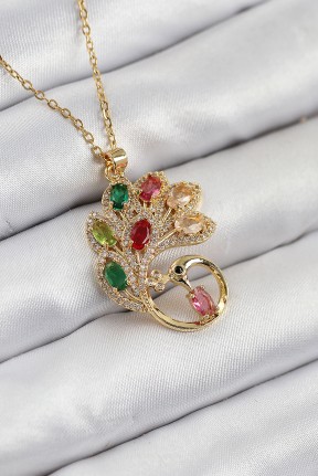 316l çelik Zirkon Taşlı Tavus Kuşu Model Gold Renk Kadın Kolye 316l çelik Zirkon Taşlı Tavus Kuşu Model Gold Renk Kadın Kolye