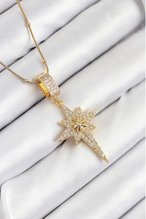 316l çelik Zirkon Taşlı Kutup Yıldızı Model Gold Renk Kadın Kolye 316l çelik Zirkon Taşlı Kutup Yıldızı Model Gold Renk Kadın Kolye