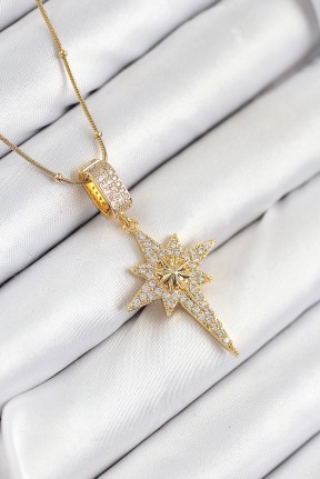 316l çelik Zirkon Taşlı Kutup Yıldızı Model Gold Renk Kadın Kolye 316l çelik Zirkon Taşlı Kutup Yıldızı Model Gold Renk Kadın Kolye