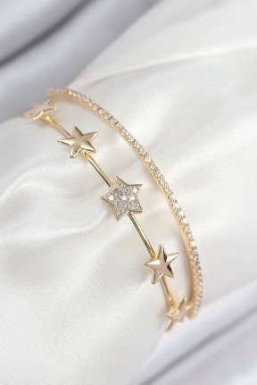 Pirinç Zirkon Taşlı Yıldız Model Gold Renk Kadın Bileklik Pirinç Zirkon Taşlı Yıldız Model Gold Renk Kadın Bileklik